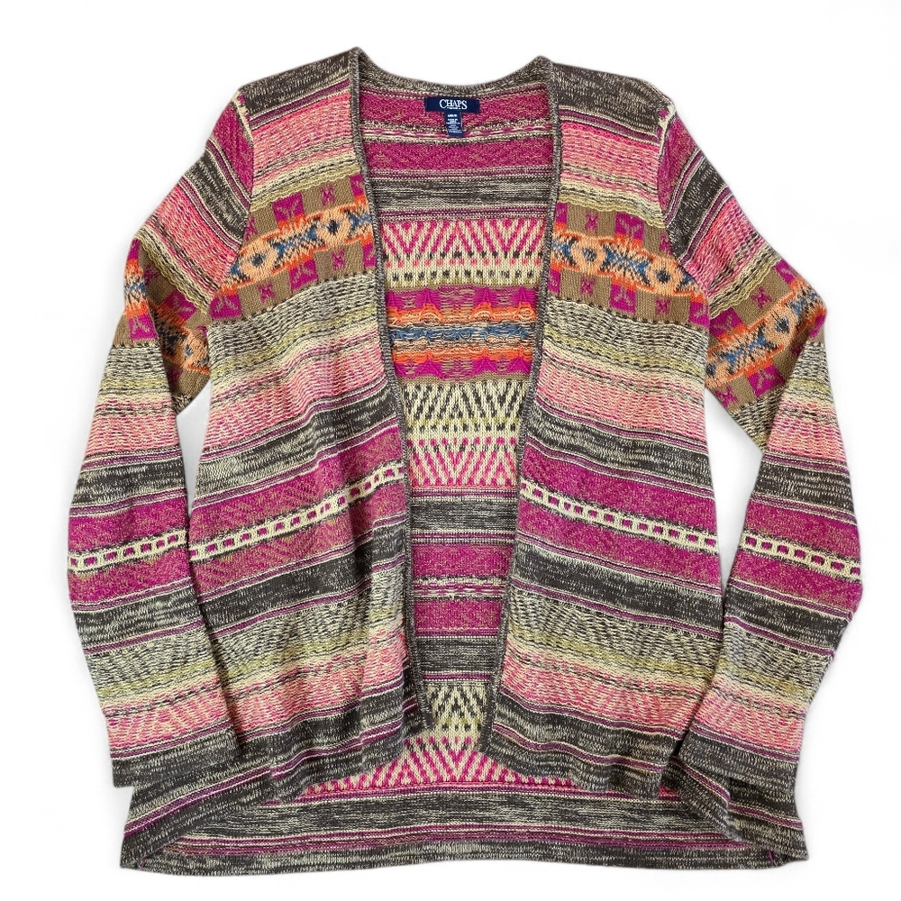 Chaps Denim Southwestern Aztec Knit Open Front Cardigan Sweater Cotton Linen M